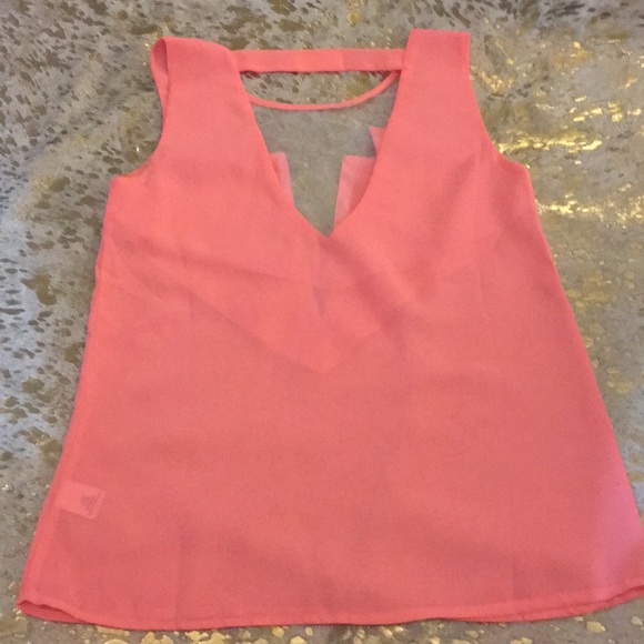 Bright coral low cut sheer top and open v back S - Picture 3 of 3